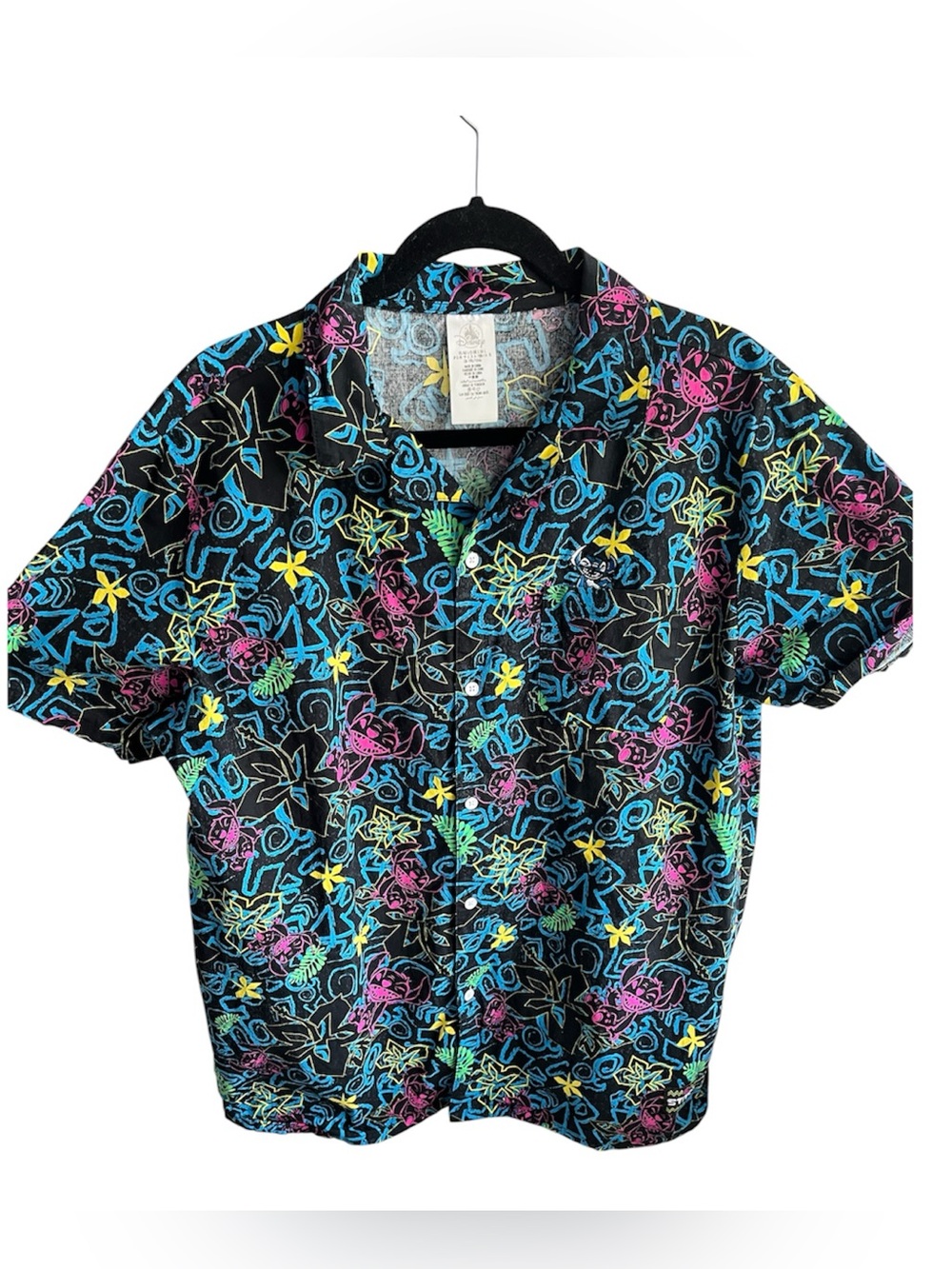 Disney Parks Neon Tropical Surfing Stitch Button Up Camp Shirt Size Large